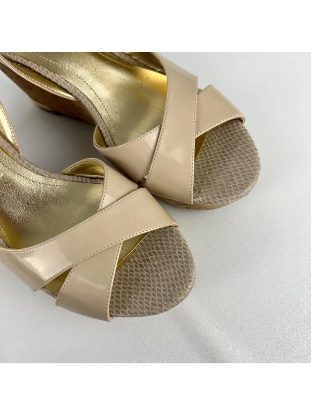 Marc Fisher Womens Wasin II Nude Tan Wedge Sandal Cork Platform Peep Toe size 9